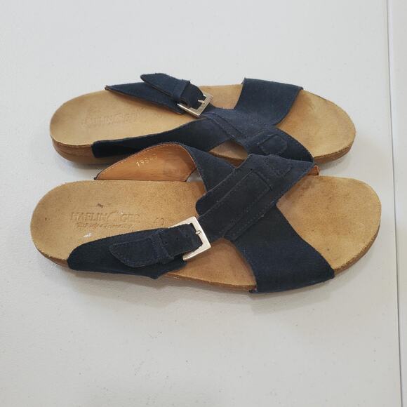 Haflinger Sandals Womens Size 9 Navy Suede Cork Footbed Slide Comfort Buckle - Picture 1 of 7